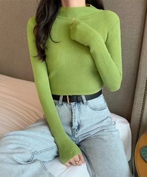 長袖ハイネックニット　リブニット　丸首
