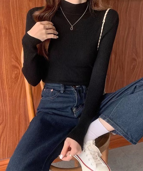 Beststore(ベストストア)の「長袖ハイネックニット リブニット 丸首(ニット/セーター・レディース・ベージュ/イエロー/ホワイト/ブラウン/グリーン/レッド/ピンク/グレー/ブラック/ライトベージュ/ブルー・FREE)」の2枚目の写真