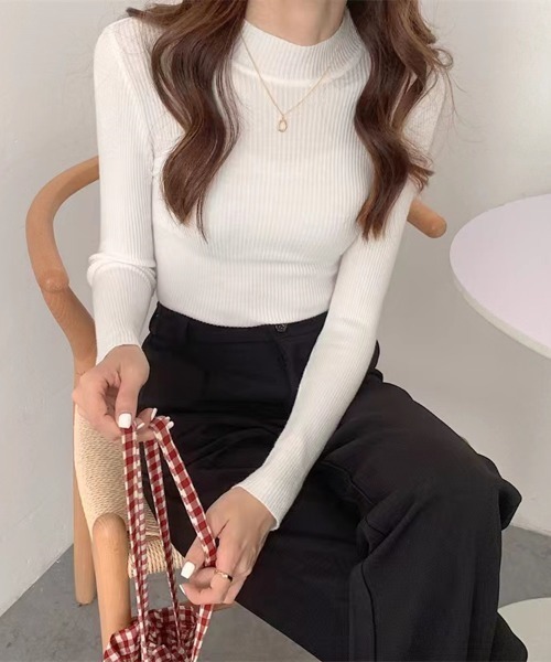 Beststore(ベストストア)の「長袖ハイネックニット リブニット 丸首(ニット/セーター・レディース・ベージュ/イエロー/ホワイト/ブラウン/グリーン/レッド/ピンク/グレー/ブラック/ライトベージュ/ブルー・FREE)」の14枚目の写真