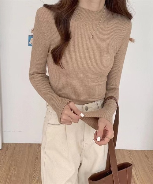 Beststore(ベストストア)の「長袖ハイネックニット リブニット 丸首(ニット/セーター・レディース・ベージュ/イエロー/ホワイト/ブラウン/グリーン/レッド/ピンク/グレー/ブラック/ライトベージュ/ブルー・FREE)」の15枚目の写真