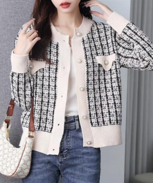 cammie(キャミー)の「パールライクボタンツイード風カーディガン(カーディガン/ボレロ・レディース・アイボリー/ブラック・F)」の1枚目の写真