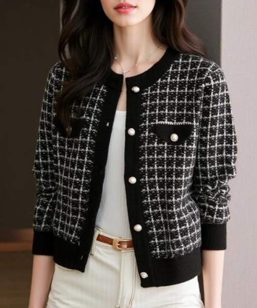 セール】パールライクボタンツイード風カーディガン（カーディガン