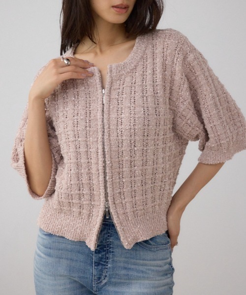 AZUL by moussy(アズールバイマウジー)の「Wジップ5分袖ツイードニット(ニット/セーター・レディース・グレイッシュベージュ/ブラック・FREE)」の2枚目の写真
