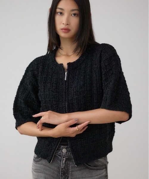 AZUL by moussy(アズールバイマウジー)の「Wジップ5分袖ツイードニット(ニット/セーター・レディース・グレイッシュベージュ/ブラック・FREE)」の1枚目の写真