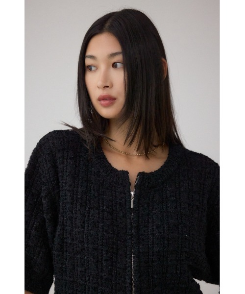 AZUL by moussy(アズールバイマウジー)の「Wジップ5分袖ツイードニット(ニット/セーター・レディース・グレイッシュベージュ/ブラック・FREE)」の3枚目の写真