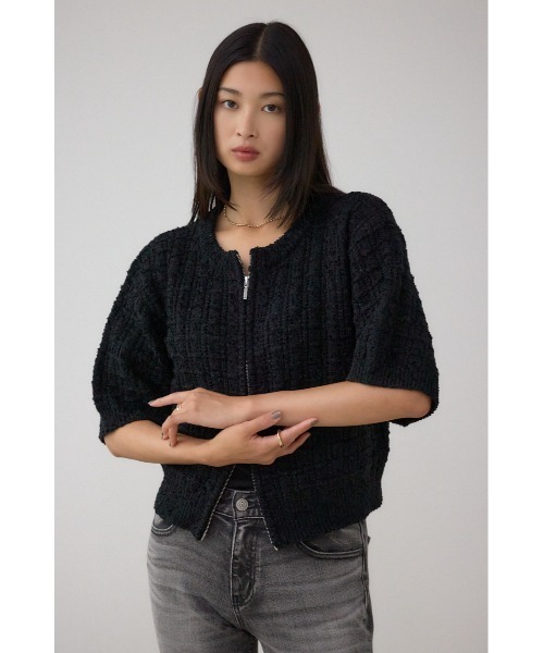 AZUL by moussy(アズールバイマウジー)の「Wジップ5分袖ツイードニット(ニット/セーター・レディース・グレイッシュベージュ/ブラック・FREE)」の4枚目の写真
