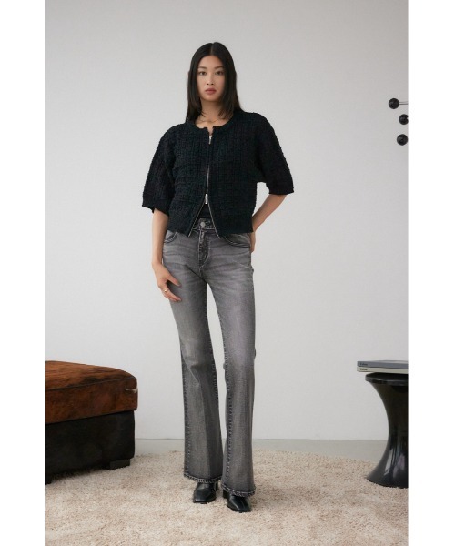 AZUL by moussy(アズールバイマウジー)の「Wジップ5分袖ツイードニット(ニット/セーター・レディース・グレイッシュベージュ/ブラック・FREE)」の5枚目の写真