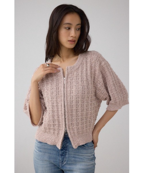 AZUL by moussy(アズールバイマウジー)の「Wジップ5分袖ツイードニット(ニット/セーター・レディース・グレイッシュベージュ/ブラック・FREE)」の14枚目の写真