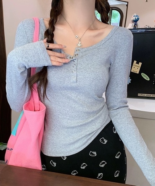 FUNdaysion(ファンデイション)の「ヘンリーネック長袖Tシャツ(Tシャツ/カットソー・レディース・ホワイト/グレー/ブラック・M)」の1枚目の写真