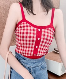 レディースのキャミソール（レッド/赤色系・チェック柄）ファッション
