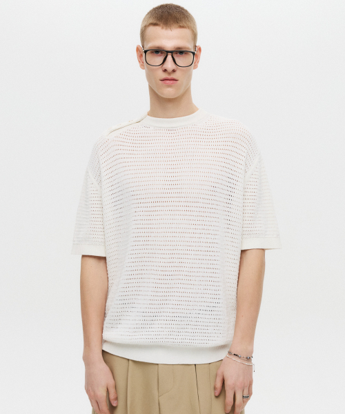 Side Button Henley Neck Half-knit White