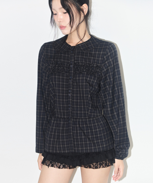 ILLIGO（イリゴ）の「ラッフルラウンドシャツチェックネイビー（シャツ/ブラウス・レディース・その他・OS）」の5枚目の写真