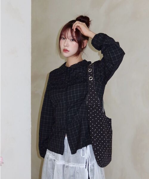 ILLIGO（イリゴ）の「ラッフルラウンドシャツチェックネイビー（シャツ/ブラウス・レディース・その他・OS）」の8枚目の写真