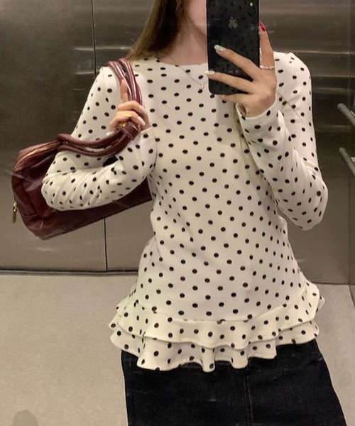 Nia(ニア)の「Nia(ニア)/フリルレイヤード ポルカドットロンT(Tシャツ/カットソー・レディース・ホワイト・MEDIUM/SMALL)」の9枚目の写真