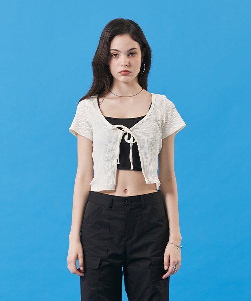KOLEAT（コレット）の「夏クーリングクロップボレロリボン紐半袖Tシャツカーディガン[アイボリー]（カーディガン/ボレロ・レディース・その他・FREE）」の3枚目の写真