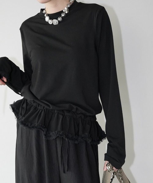 chuclla(チュクラ)の「チュールヘム リボンドロートップス chw26s030(Tシャツ/カットソー・レディース・ホワイト/ブラック・FREE)」の1枚目の写真