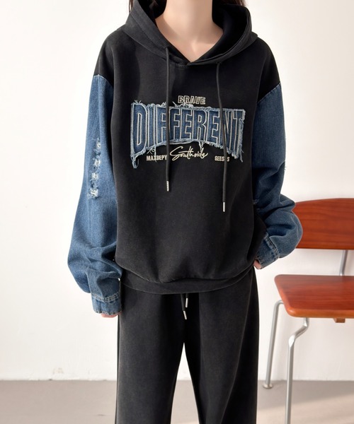 ★E.M.I★ セール】デニムドッキングスウェットパーカーセットアップ