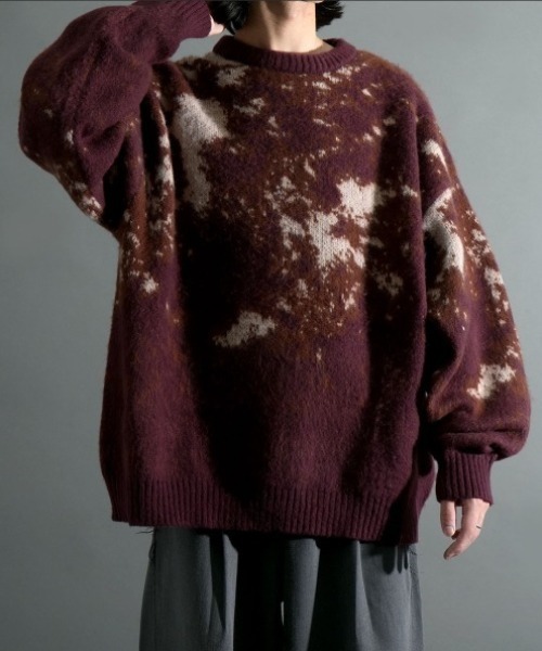 NOIZY（ノイジー）の「Abstract Shaggy Knit / 総柄 プルオーバー クルーネック シャギーニット（ニット/セーター・メンズ・ブラック/ブラウン/ブルー/ワイン・MEDIUM/LARGE）」の12枚目の写真
