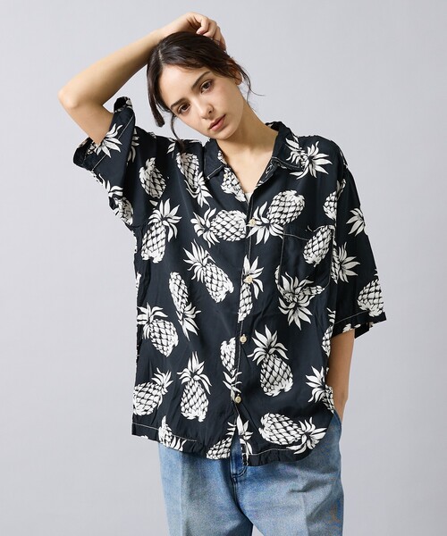 REMI RELIEF(レミレリーフ)の「【REMI RELIEF / レミ レリーフ】パイナップル柄アロハシャツ/ユニセックス/RN30389014(シャツ/ブラウス・メンズ・ブラック/スモークピンク・M/L)」の1枚目の写真
