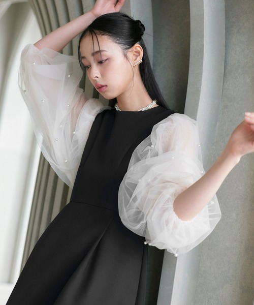 RUIRUE BOUTIQUE(ルイルエブティック)の「オケージョン 結婚式ドレス | 洗える | パール シアースリーブ フレア ワンピース ドレス | パーティードレス・オケージョンドレス・お呼ばれドレス・セレモニードレス(ドレス・レディース・ブラック×ホワイト/ブラック/チャコールグレー・S/M/L)」の4枚目の写真