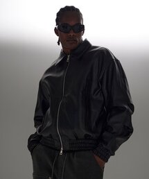 ATTENTIONROW（アテンションロー）の「ツーウェイオーバーサイズブルゾンフェイクレザージャケット（ブラック）（ライダースジャケット）」