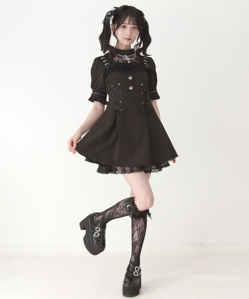 DearMyLove(ディアマイラブ)の「十字架チェーンチョーカー風レースアップ半袖ワンピース(ワンピース・レディース・ブラック/パープル/ストライプ・LARGE/3L/MEDIUM)」の5枚目の写真