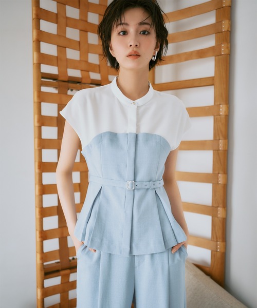 VIS(ビス)の「美easyビスチェドッキングフレンチブラウス/接触冷感・イージーケア・セットアップ対応(シャツ/ブラウス・レディース・グレー/サックスブルー/ネイビー/キナリ・FREE)」の4枚目の写真