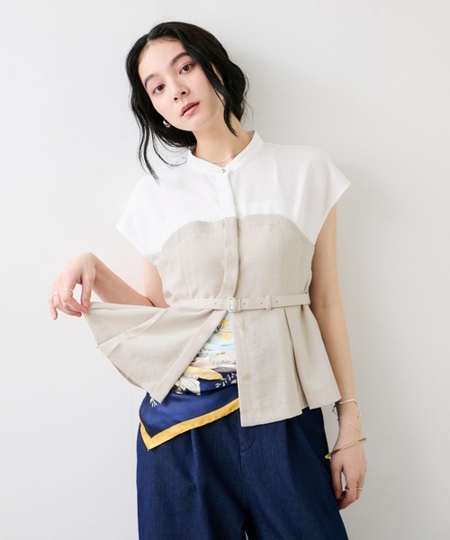 VIS(ビス)の「美easyビスチェドッキングフレンチブラウス/接触冷感・イージーケア・セットアップ対応(シャツ/ブラウス・レディース・グレー/サックスブルー/ネイビー/キナリ・FREE)」の2枚目の写真