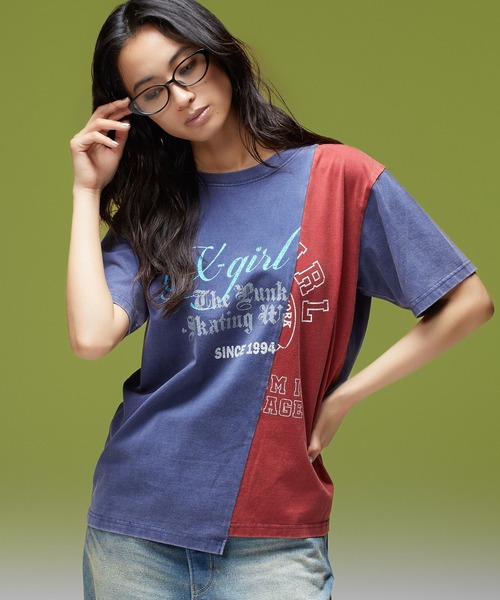 X-girl（エックスガール）の「FADED REMAKE STYLE S/S TEE（Tシャツ/カットソー・レディース・ブラック/ネイビー・ONE SIZE）」の3枚目の写真