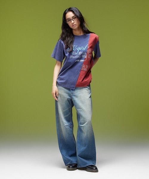 X-girl（エックスガール）の「FADED REMAKE STYLE S/S TEE（Tシャツ/カットソー・レディース・ブラック/ネイビー・ONE SIZE）」の4枚目の写真