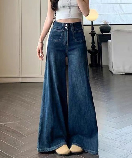 LUCPY（ラクピー）の「ハイウエストワイドデニムパンツ（デニムパンツ・レディース・ブルー/ネイビー・LARGE/MEDIUM/SMALL/X-SMALL）」の2枚目の写真