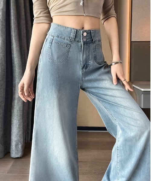 LUCPY（ラクピー）の「ハイウエストワイドデニムパンツ（デニムパンツ・レディース・ブルー/ネイビー・LARGE/MEDIUM/SMALL/X-SMALL）」の4枚目の写真