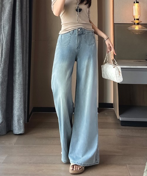 LUCPY（ラクピー）の「ハイウエストワイドデニムパンツ（デニムパンツ・レディース・ブルー/ネイビー・LARGE/MEDIUM/SMALL/X-SMALL）」の5枚目の写真