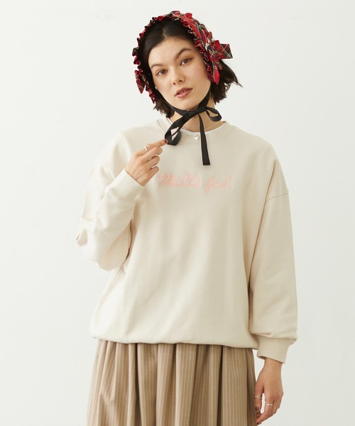 MILKFED.(ミルクフェド)の「ICING LOGO SAGARA WIDE CREW SWEAT TOP(スウェット・レディース・ピンク/チャコール/オフホワイト・M/L)」の2枚目の写真