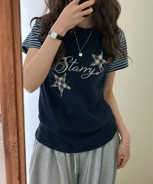 VIVID LADY(ビビッドレディー)の「チェックスターワッペン ラグラン半袖Tシャツ(Tシャツ/カットソー・レディース・グレー/ネイビー/アイボリー・FREE)」の1枚目の写真