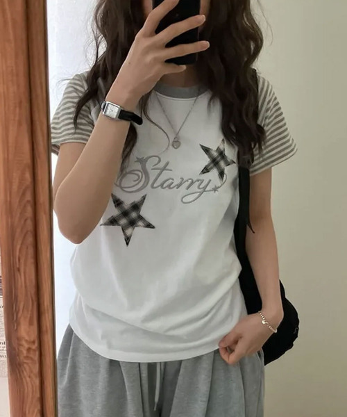 VIVID LADY(ビビッドレディー)の「チェックスターワッペン ラグラン半袖Tシャツ(Tシャツ/カットソー・レディース・グレー/ネイビー/アイボリー・FREE)」の4枚目の写真