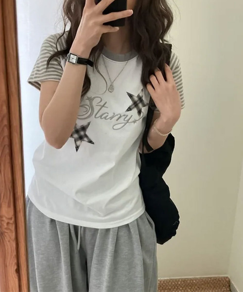 VIVID LADY(ビビッドレディー)の「チェックスターワッペン ラグラン半袖Tシャツ(Tシャツ/カットソー・レディース・グレー/ネイビー/アイボリー・FREE)」の5枚目の写真