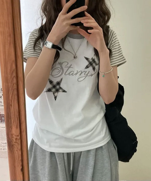 VIVID LADY(ビビッドレディー)の「チェックスターワッペン ラグラン半袖Tシャツ(Tシャツ/カットソー・レディース・グレー/ネイビー/アイボリー・FREE)」の6枚目の写真