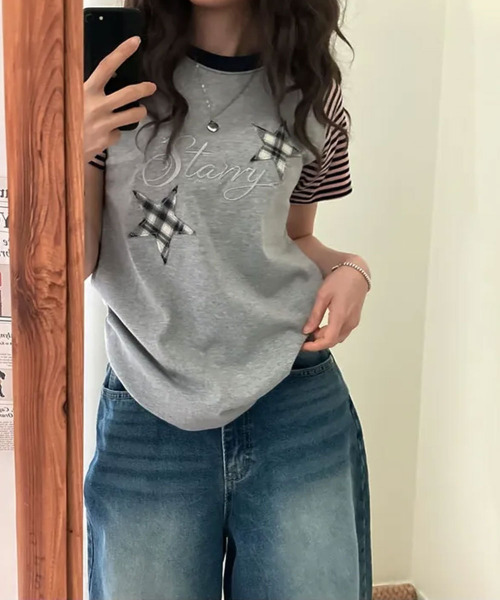 VIVID LADY(ビビッドレディー)の「チェックスターワッペン ラグラン半袖Tシャツ(Tシャツ/カットソー・レディース・グレー/ネイビー/アイボリー・FREE)」の9枚目の写真