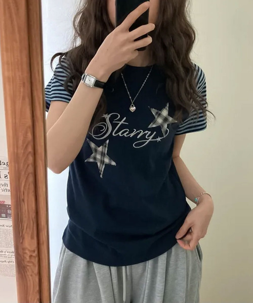 VIVID LADY(ビビッドレディー)の「チェックスターワッペン ラグラン半袖Tシャツ(Tシャツ/カットソー・レディース・グレー/ネイビー/アイボリー・FREE)」の10枚目の写真