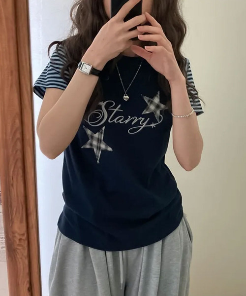 VIVID LADY(ビビッドレディー)の「チェックスターワッペン ラグラン半袖Tシャツ(Tシャツ/カットソー・レディース・グレー/ネイビー/アイボリー・FREE)」の11枚目の写真
