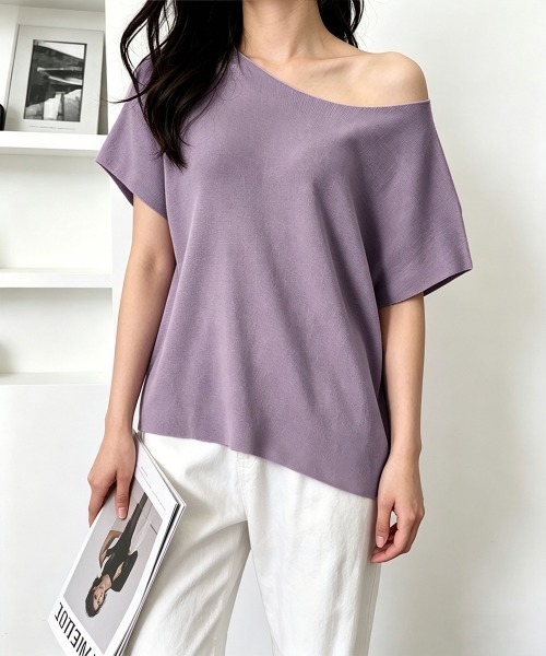 Miniministore(ミニミニストア)の「サマーニットトップス ワンショルダー夏服(Tシャツ/カットソー・レディース・ライトブルー/ブラック/ホワイト/ピンク/グレー/イエロー/パープル/ベージュ・FREE)」の1枚目の写真