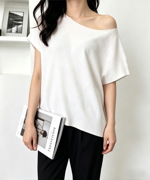 Miniministore(ミニミニストア)の「サマーニットトップス ワンショルダー夏服(Tシャツ/カットソー・レディース・ライトブルー/ブラック/ホワイト/ピンク/グレー/イエロー/パープル/ベージュ・FREE)」の2枚目の写真