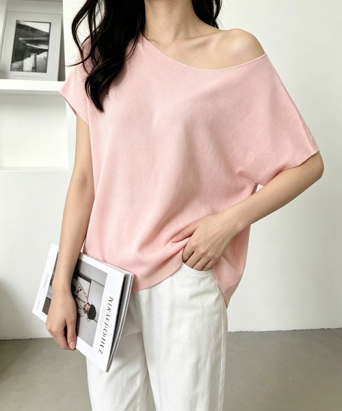 Miniministore(ミニミニストア)の「サマーニットトップス ワンショルダー夏服(Tシャツ/カットソー・レディース・ライトブルー/ブラック/ホワイト/ピンク/グレー/イエロー/パープル/ベージュ・FREE)」の8枚目の写真