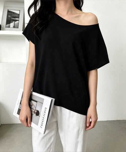 Miniministore(ミニミニストア)の「サマーニットトップス ワンショルダー夏服(Tシャツ/カットソー・レディース・ライトブルー/ブラック/ホワイト/ピンク/グレー/イエロー/パープル/ベージュ・FREE)」の3枚目の写真
