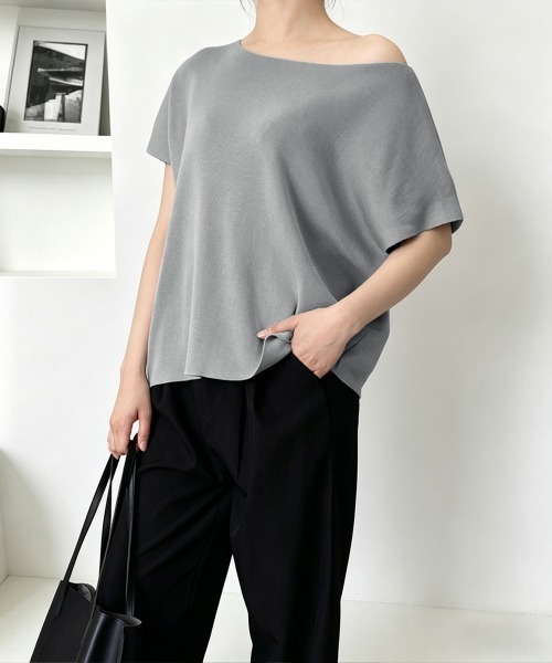 Miniministore(ミニミニストア)の「サマーニットトップス ワンショルダー夏服(Tシャツ/カットソー・レディース・ライトブルー/ブラック/ホワイト/ピンク/グレー/イエロー/パープル/ベージュ・FREE)」の17枚目の写真