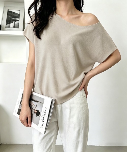 Miniministore(ミニミニストア)の「サマーニットトップス ワンショルダー夏服(Tシャツ/カットソー・レディース・ライトブルー/ブラック/ホワイト/ピンク/グレー/イエロー/パープル/ベージュ・FREE)」の19枚目の写真