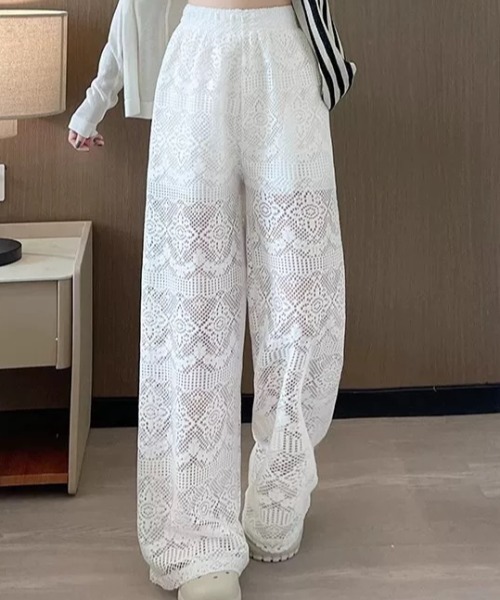ampm(エーエムピーエム)の「レースワイドパンツ イージーパンツ ワイドシルエット シアーパンツ(その他パンツ・レディース・ホワイト・M/S)」の1枚目の写真