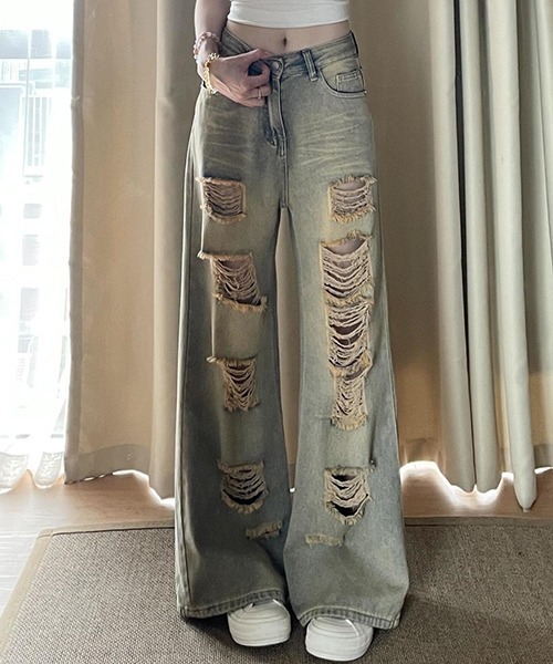 gossip!ロサンゼルス(ゴシップロサンゼルス)の「ダメージ ハイウエスト デニムパンツ(デニムパンツ・レディース・ライトブルー・S/M)」の2枚目の写真