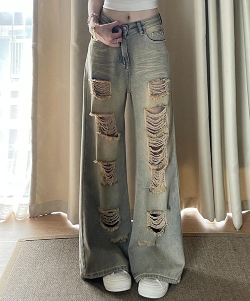 gossip!ロサンゼルス(ゴシップロサンゼルス)の「ダメージ ハイウエスト デニムパンツ(デニムパンツ・レディース・ライトブルー・S/M)」の3枚目の写真